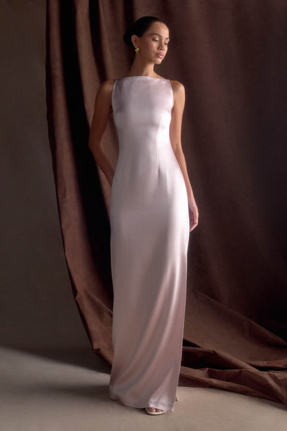 Violet Robe Maxi en Satin Sans Manches - Rose Poudré
