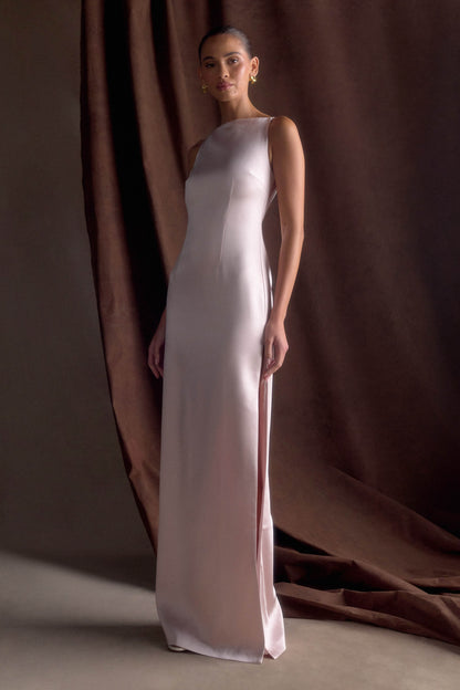 Violet Robe Maxi en Satin Sans Manches - Rose Poudré