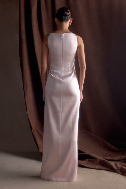 Violet Robe Maxi en Satin Sans Manches - Rose Poudré