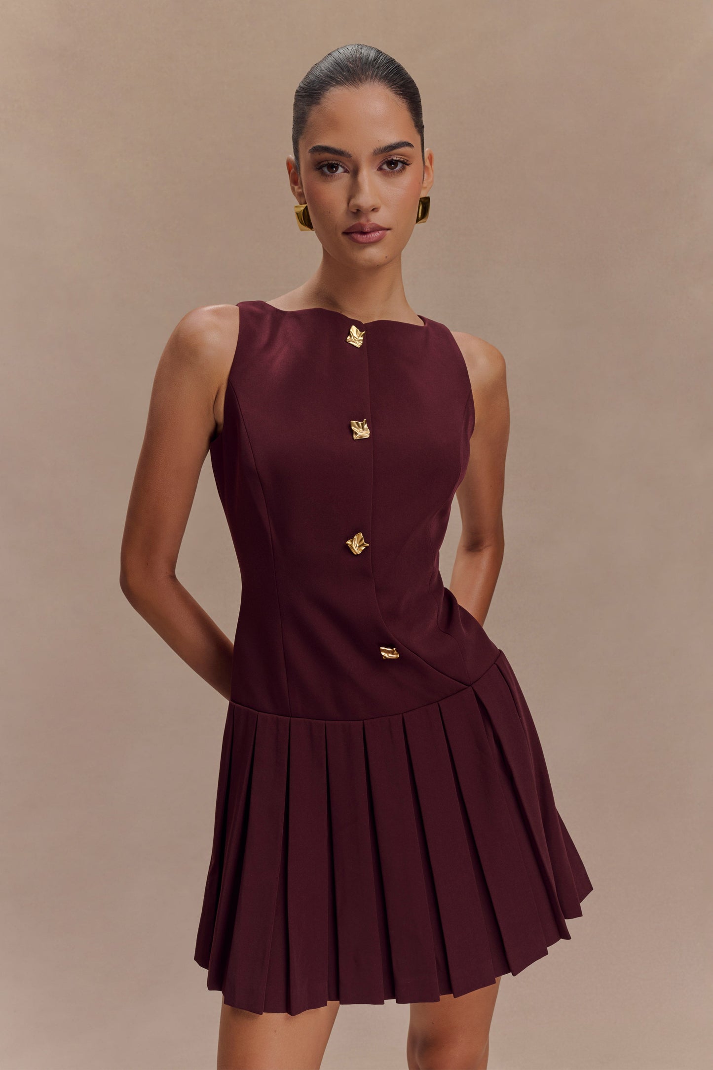 Robe mini plissée sans manches Mackenzie - Brun-rouge