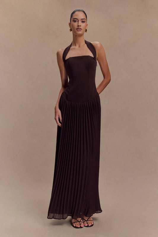 Robe Maxi Stacie à Col Haut et Plis - Cacao