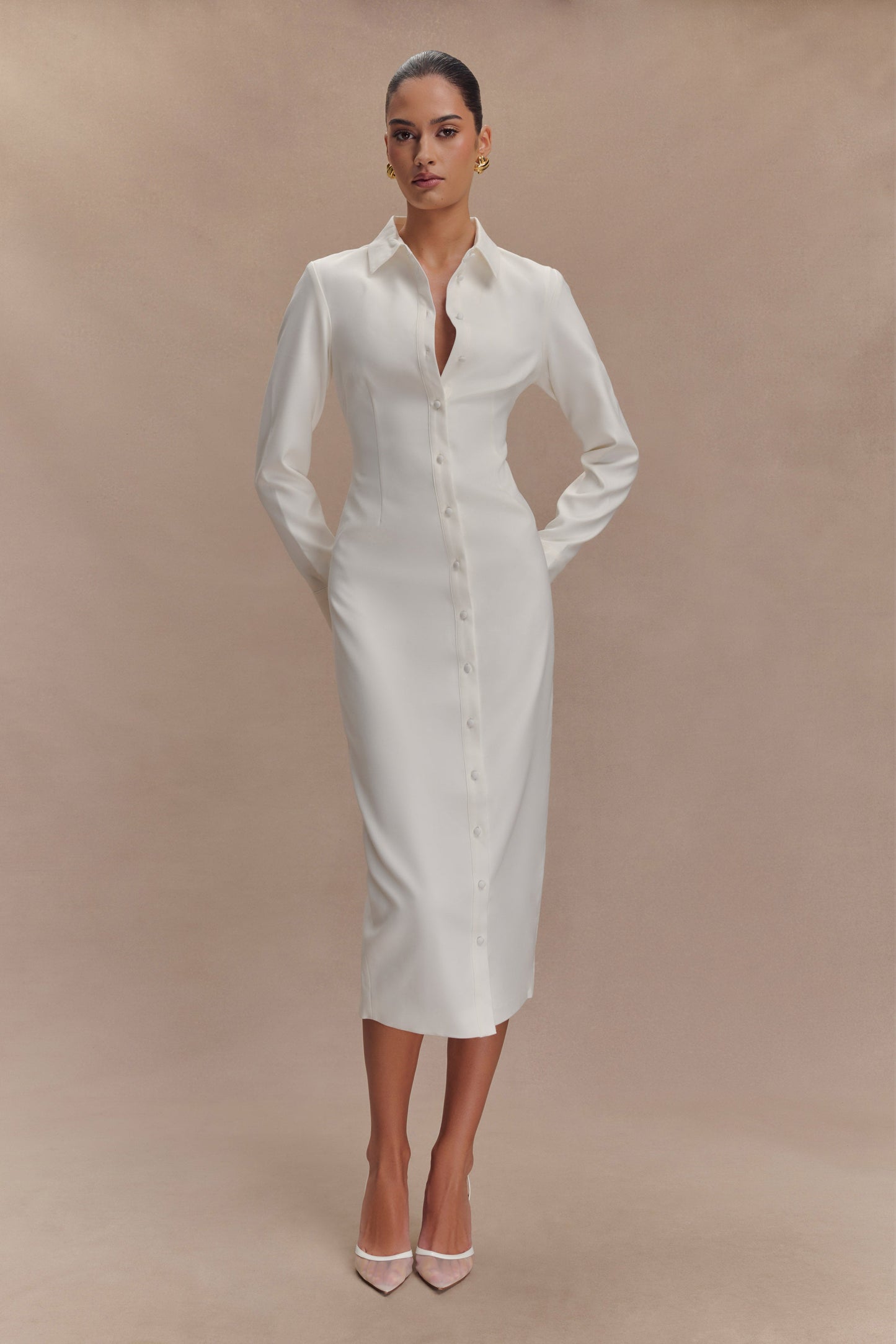 Robe midi Dorian à manches courtes et taille ajustée - Blanc