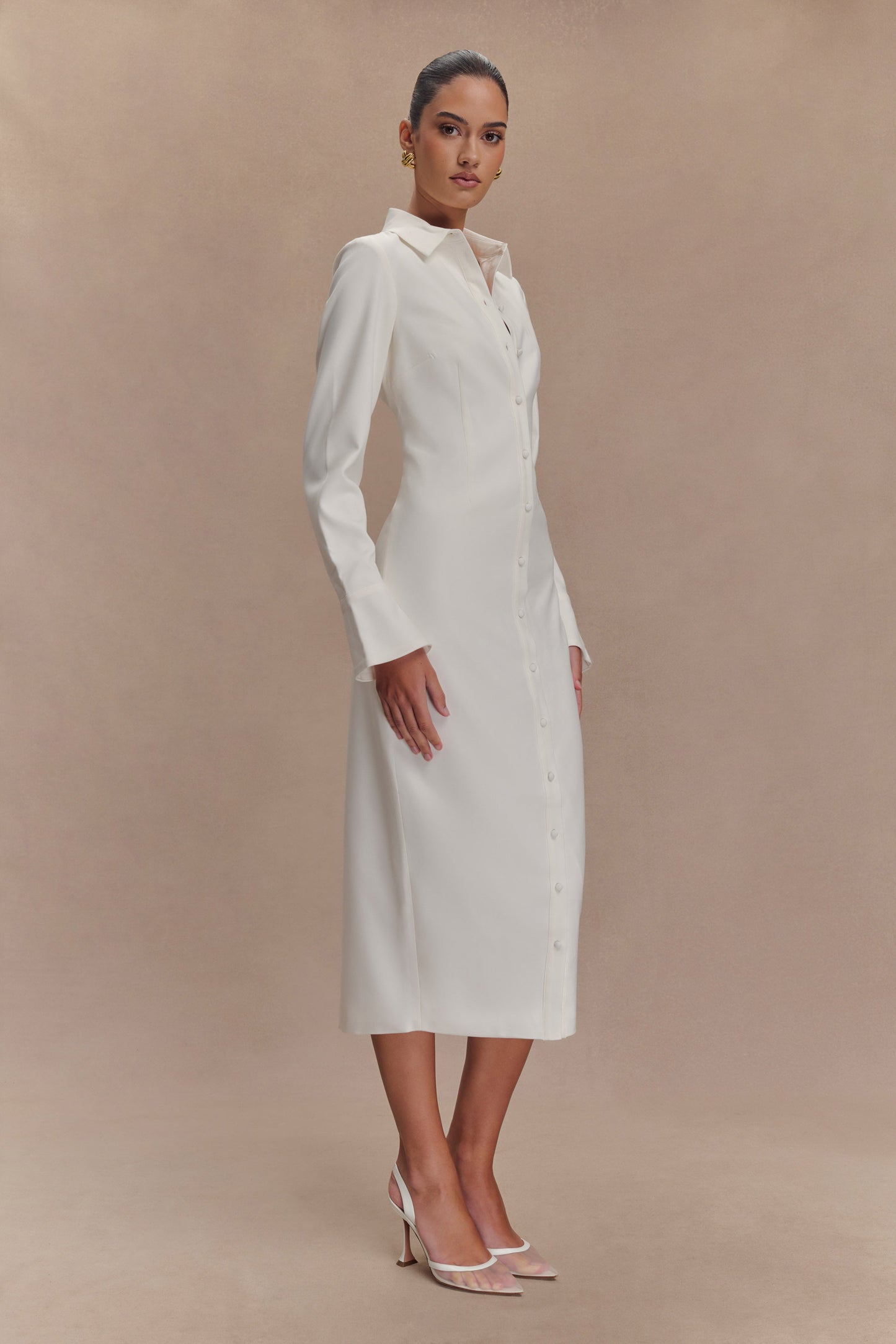 Robe midi Dorian à manches courtes et taille ajustée - Blanc