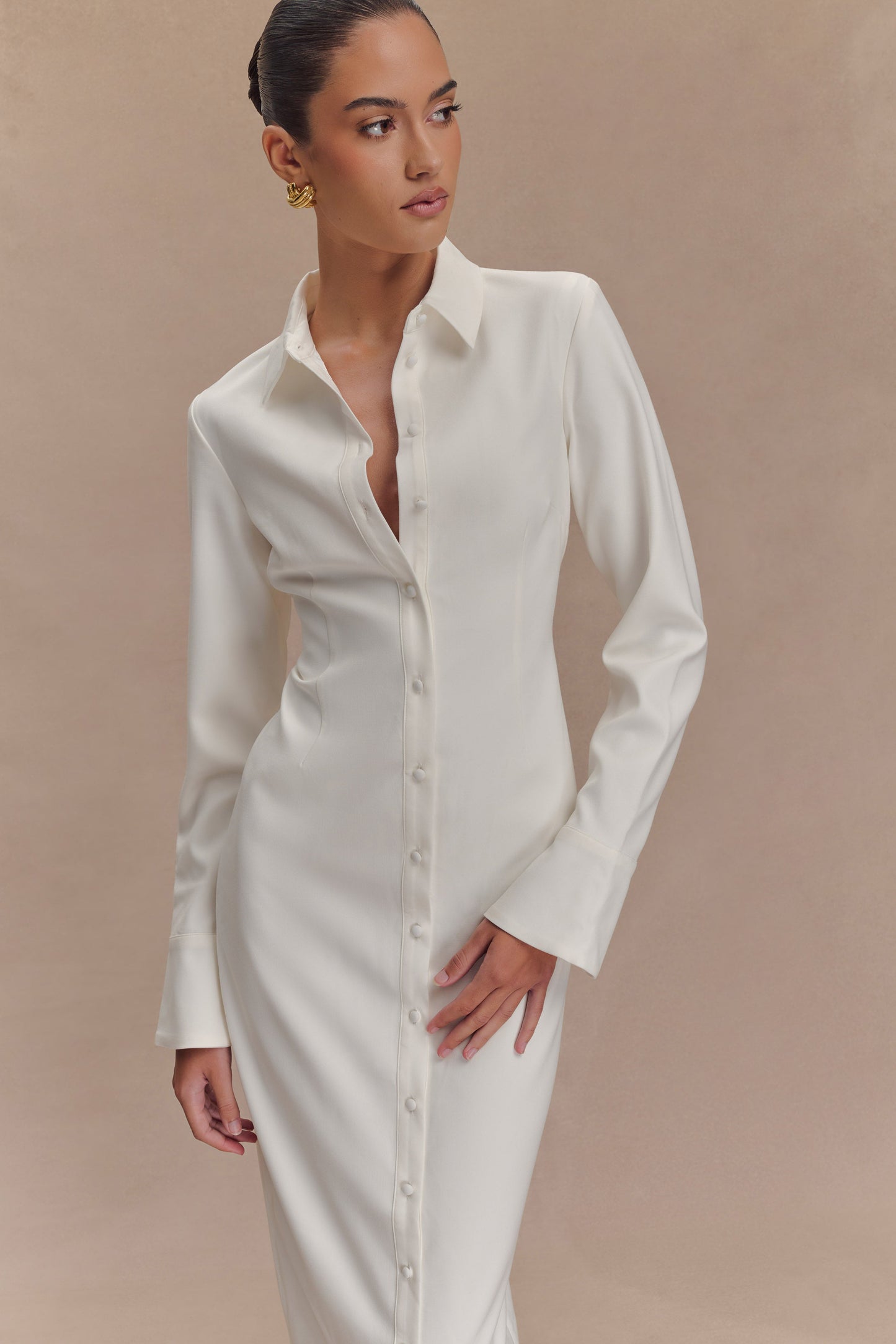 Robe midi Dorian à manches courtes et taille ajustée - Blanc