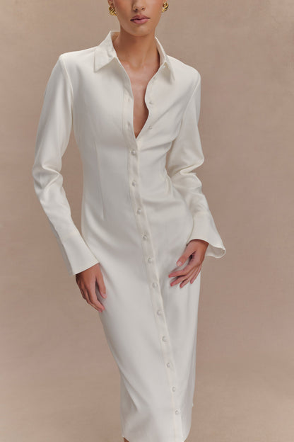 Robe midi Dorian à manches courtes et taille ajustée - Blanc