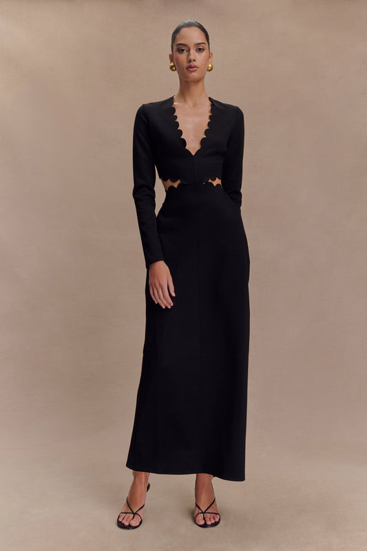 Robe Maxi à Manches Frangées et Décolleté en V - Noir
