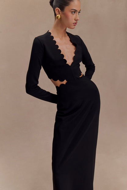 Robe Maxi à Manches Frangées et Décolleté en V - Noir
