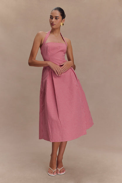 Juana, robe midi à col montant - carreaux rouges