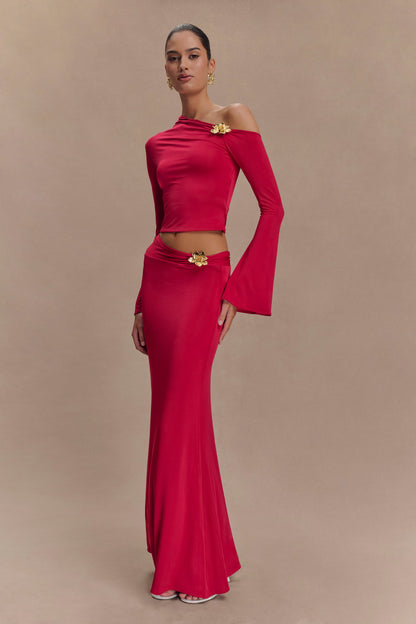 Jupe Maxi Asymétrique Ainsley avec Frotterie Florale - Rose Fushia