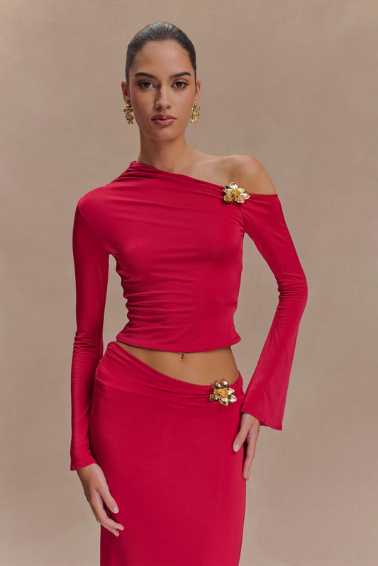 Top Ainsley asymétrique à manches longues avec ornements floraux - Rose fuchsia