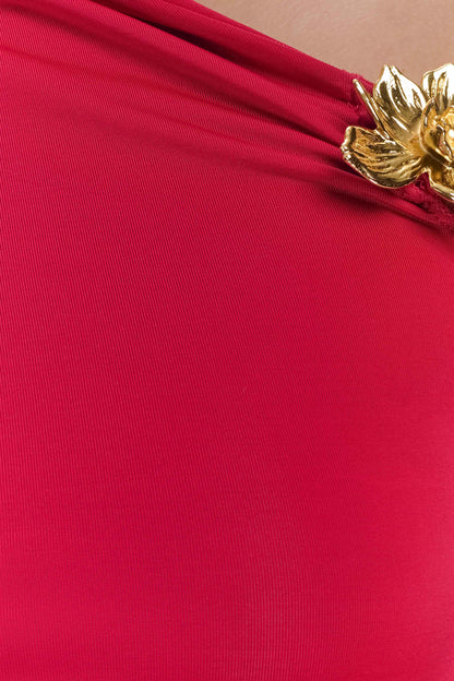 Top Ainsley asymétrique à manches longues avec ornements floraux - Rose fuchsia