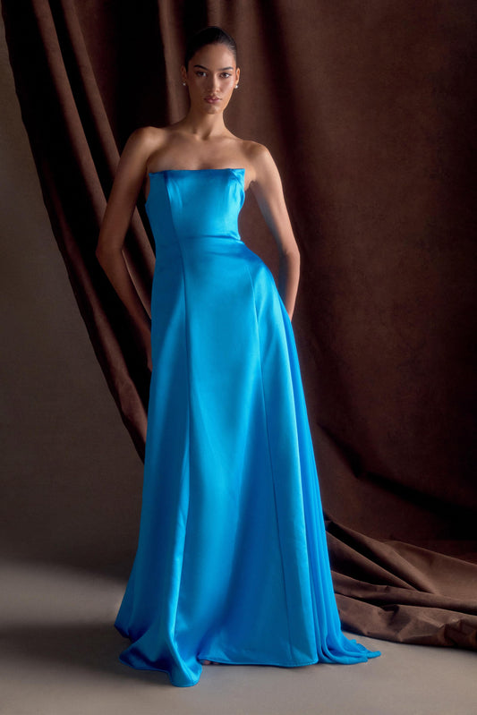 Robe Maxi Satin Sans Bretelles Rosella - Bleu Cyan