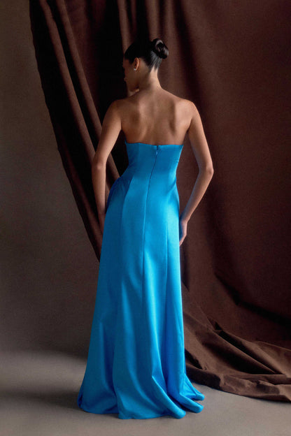 Robe Maxi Satin Sans Bretelles Rosella - Bleu Cyan