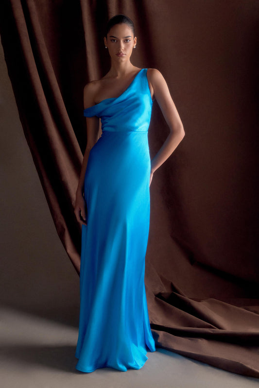 Robe Maxi Jacinta à une épaule - Bleu Cyan