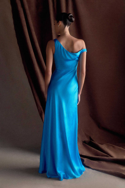 Robe Maxi Jacinta à une épaule - Bleu Cyan