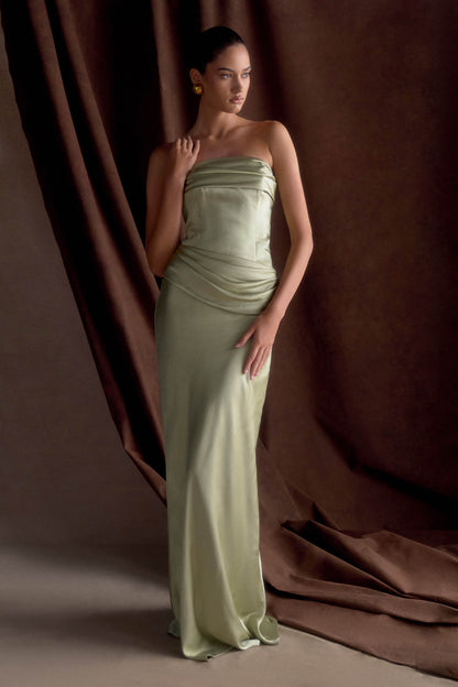 Jasmine Robe Maxi Satin Sans Bretelles - SAGE