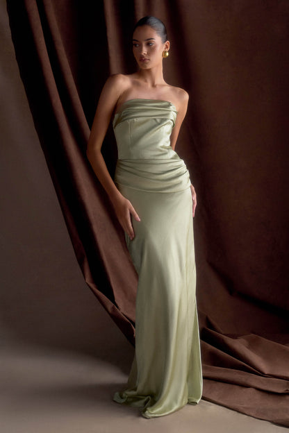 Jasmine Robe Maxi Satin Sans Bretelles - SAGE
