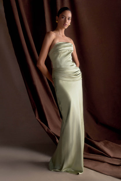 Jasmine Robe Maxi Satin Sans Bretelles - SAGE