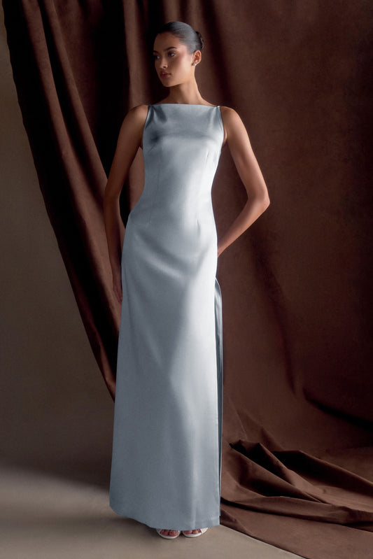 Robe Maxi en Satin Violet Sans Manches - Bleu Glacé