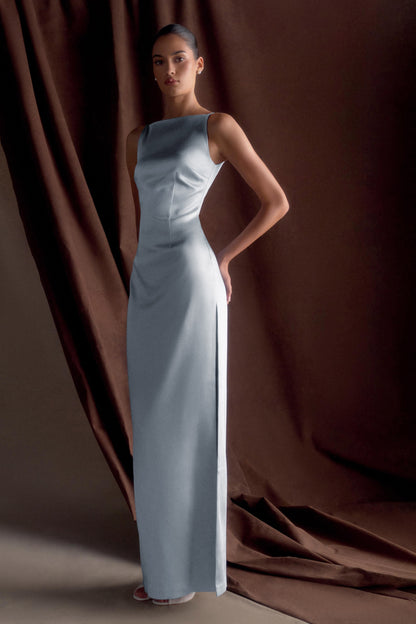 Robe Maxi en Satin Violet Sans Manches - Bleu Glacé