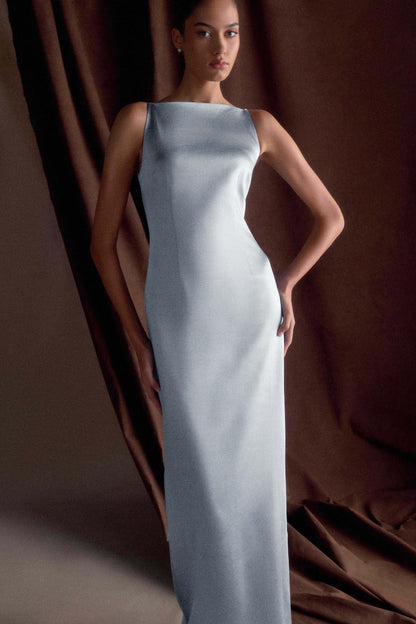 Robe Maxi en Satin Violet Sans Manches - Bleu Glacé