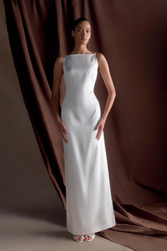 Violet Robe Maxi en Satin Sans Manches - Blanc