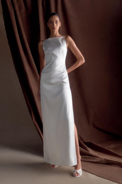 Violet Robe Maxi en Satin Sans Manches - Blanc