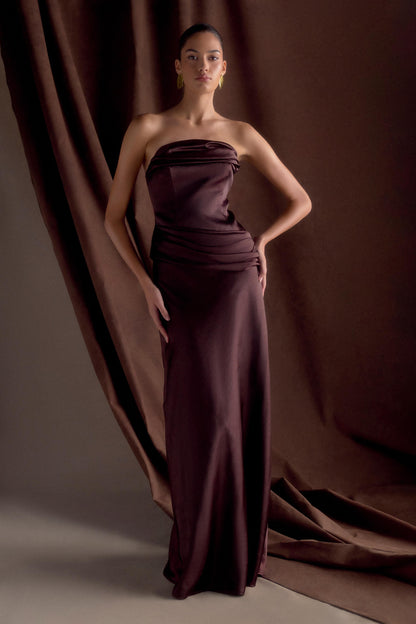 Jasmine Robe Maxi en Satin Sans Bretelles - Chocolat Noir