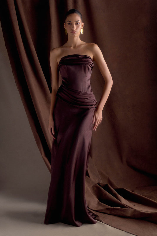Jasmine Robe Maxi en Satin Sans Bretelles - Chocolat Noir