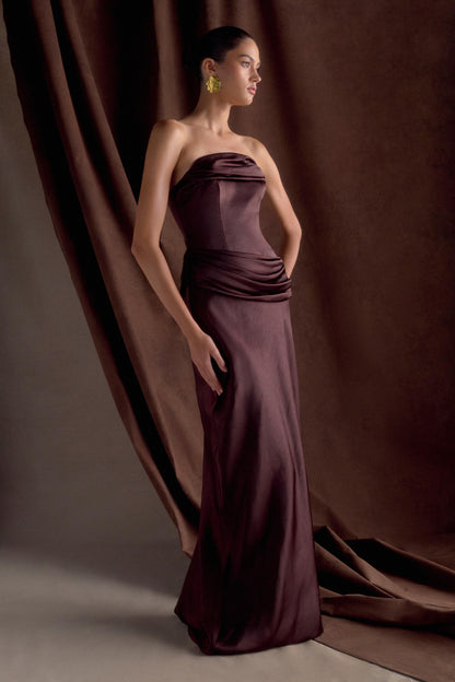 Jasmine Robe Maxi en Satin Sans Bretelles - Chocolat Noir