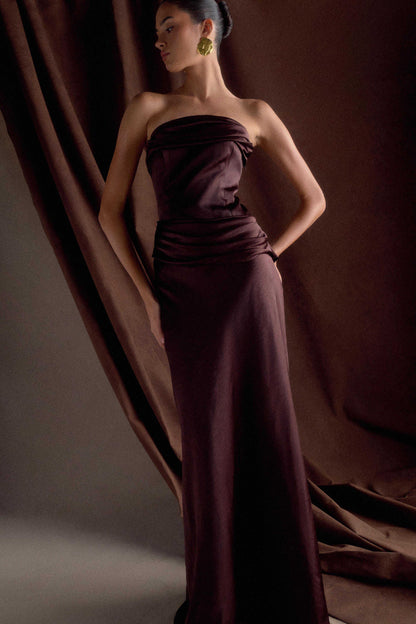 Jasmine Robe Maxi en Satin Sans Bretelles - Chocolat Noir