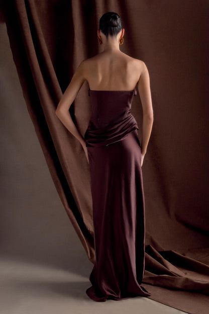 Jasmine Robe Maxi en Satin Sans Bretelles - Chocolat Noir