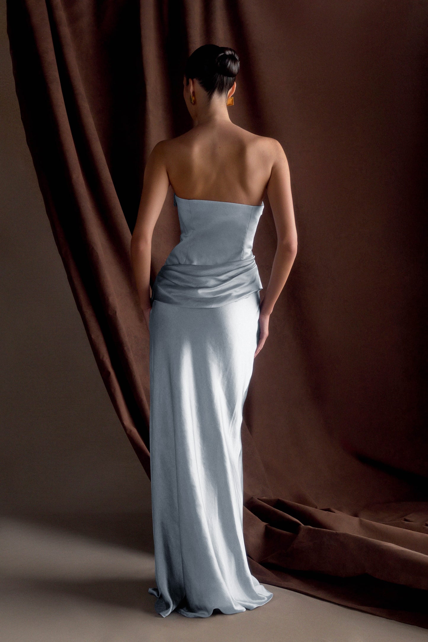 Jasmine Robe Maxi Satin Sans Bretelles - Bleu Glacé