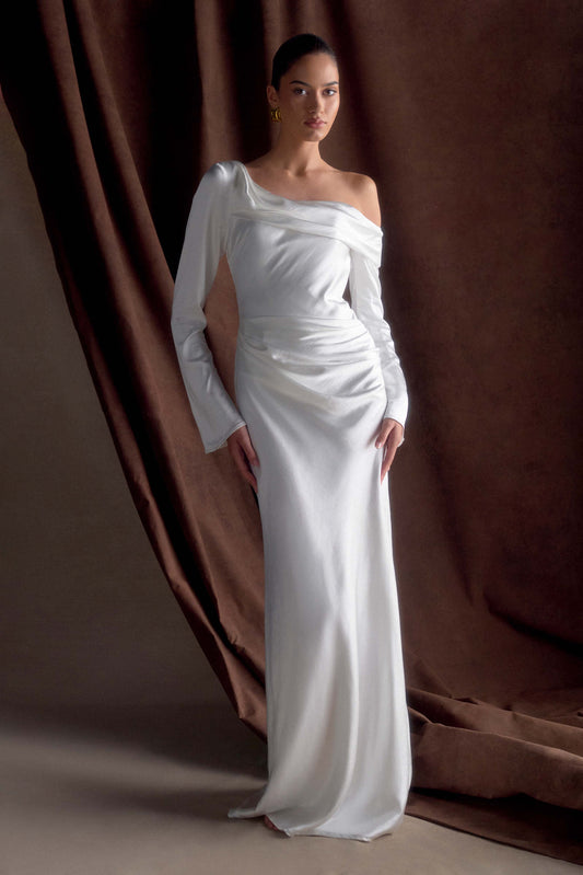 Robe Maxi Iris en Satin à Manches Longues - Blanche