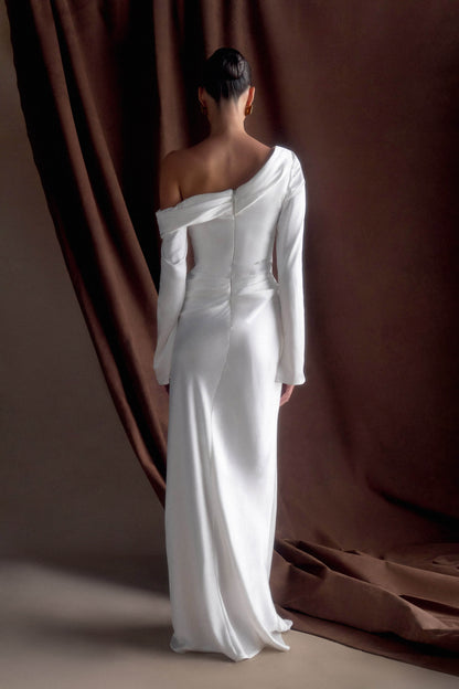 Robe Maxi Iris en Satin à Manches Longues - Blanche