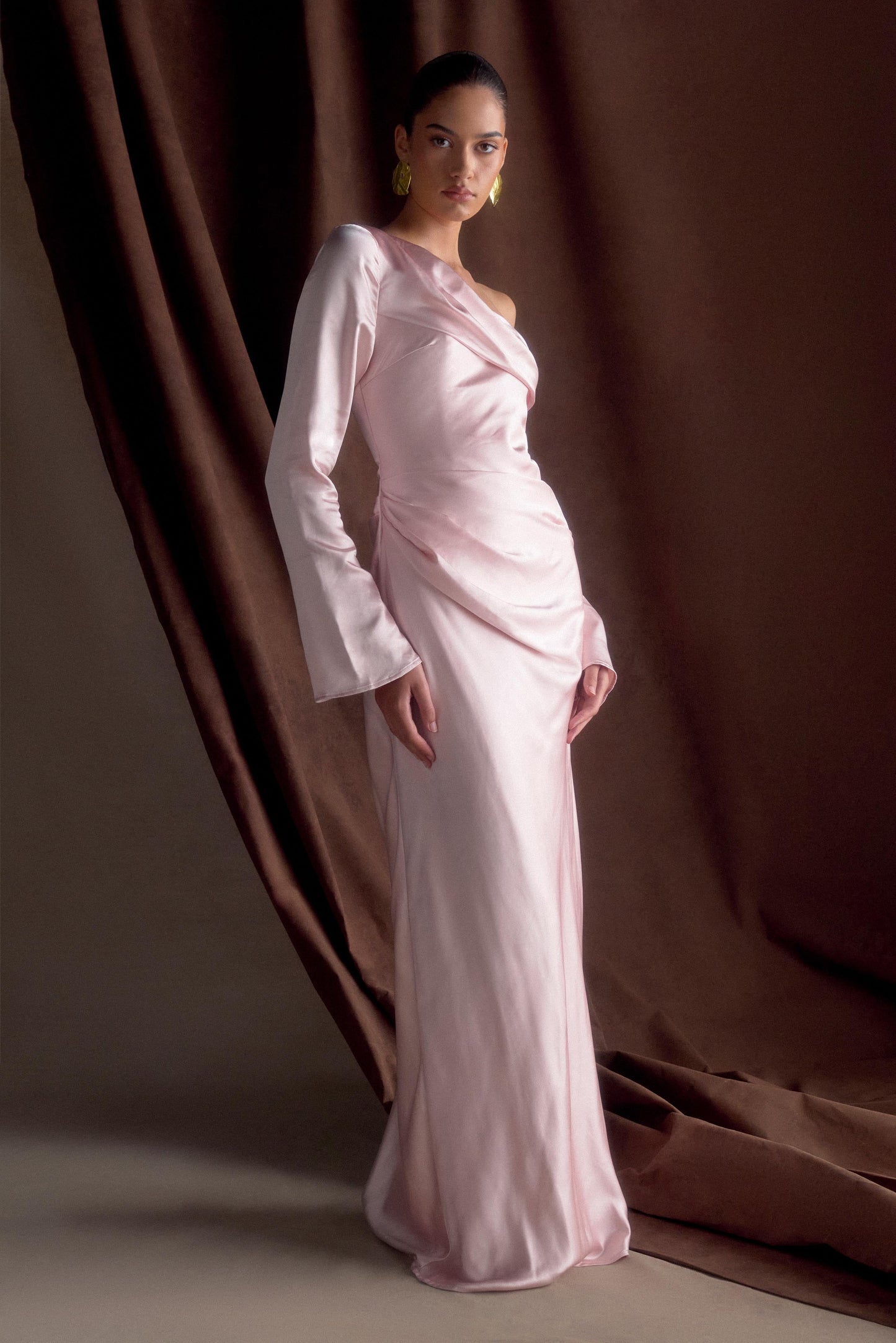 Iris Robe Maxi Satin à Manches Longues - Rose Poudré
