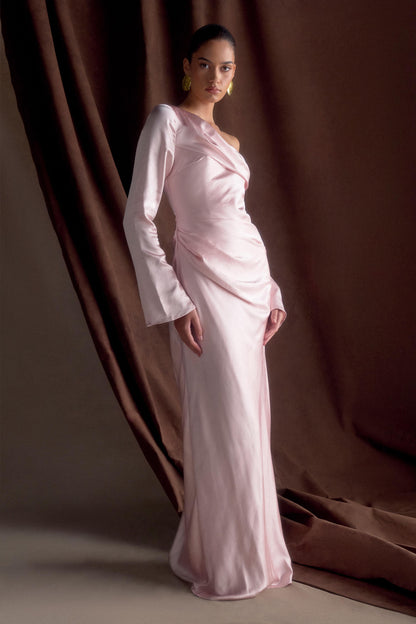Iris Robe Maxi Satin à Manches Longues - Rose Poudré