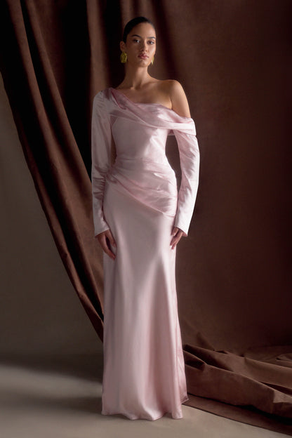 Iris Robe Maxi Satin à Manches Longues - Rose Poudré