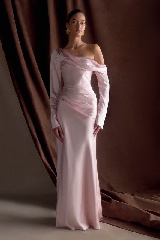Iris Robe Maxi Satin à Manches Longues - Rose Poudré