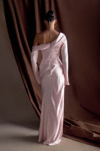 Iris Robe Maxi Satin à Manches Longues - Rose Poudré