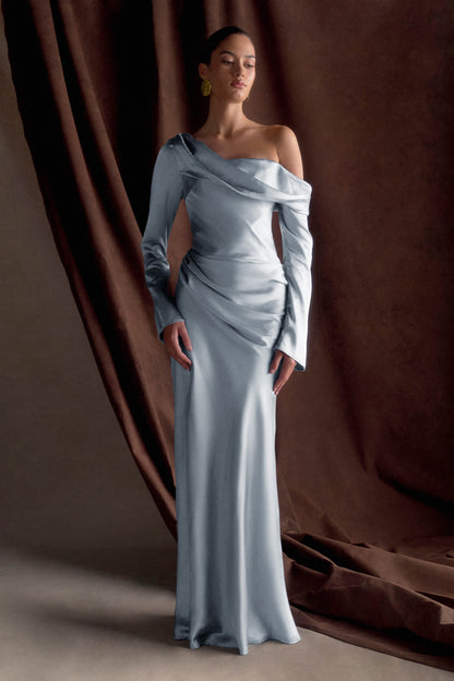 Iris Robe Maxi Satin à Manches Longues - Bleu Glacé