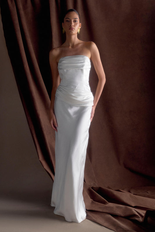 Jasmine Robe Maxi Satin Sans Bretelles - Blanche