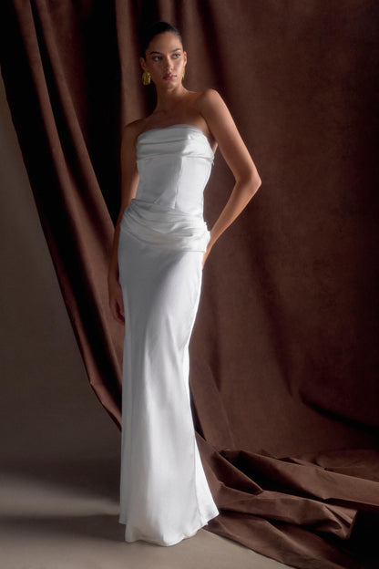 Jasmine Robe Maxi Satin Sans Bretelles - Blanche