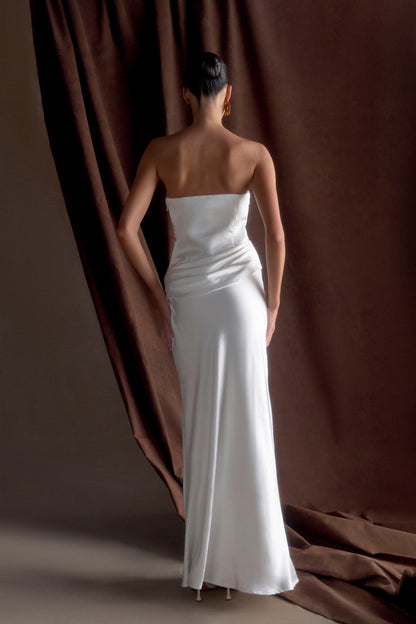 Jasmine Robe Maxi Satin Sans Bretelles - Blanche