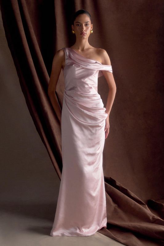 Robe Maxi en Satin Dalia à Manches Décolletées - Rose Poudré