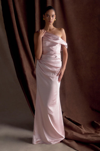 Robe Maxi en Satin Dalia à Manches Décolletées - Rose Poudré