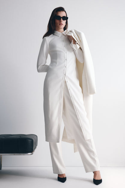 Robe midi Dorian à manches courtes et taille ajustée - Blanc