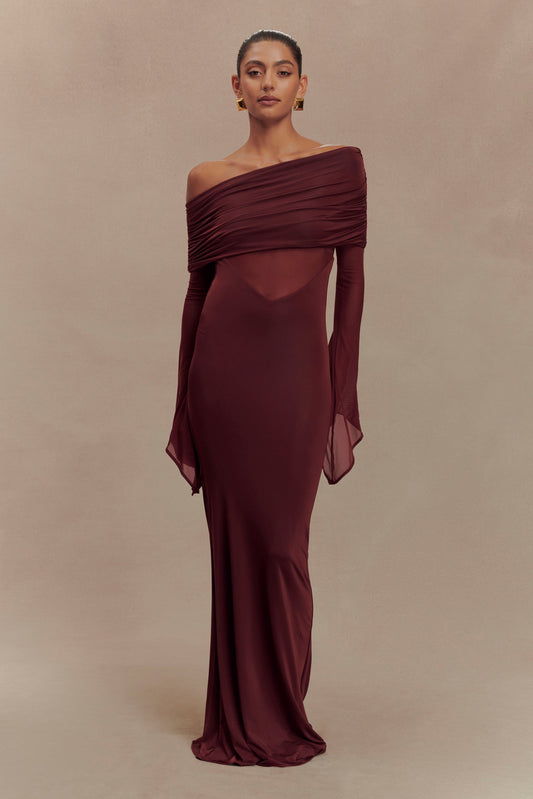 Robe Maxi Épaule Découverte en Mousseline et Maille - Kaitlin - Bourgogne