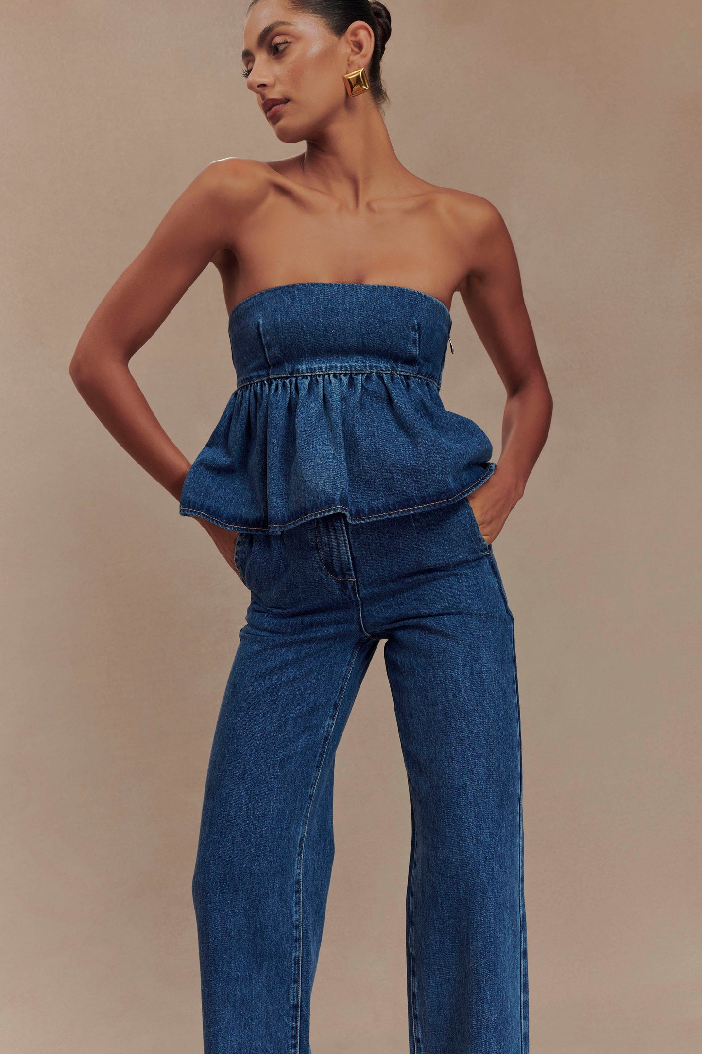 Top en jean sans bretelles Pauline - Bleu des années 90