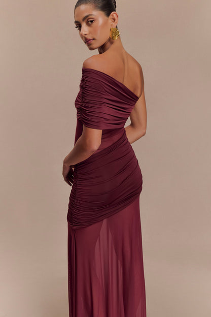 Robe Maxi en Maille à Épaule Découverte Dallas - Bourgogne